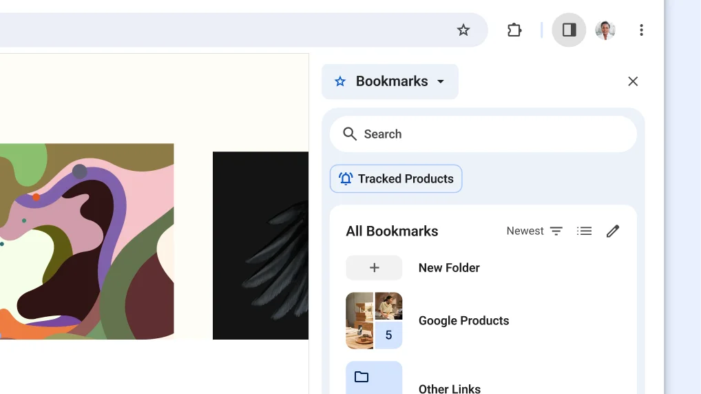 Chrome side panel open to Bookmarks and showing a bookmarks search bar, bookmarks with thumbnail images, and other bookmark management tools